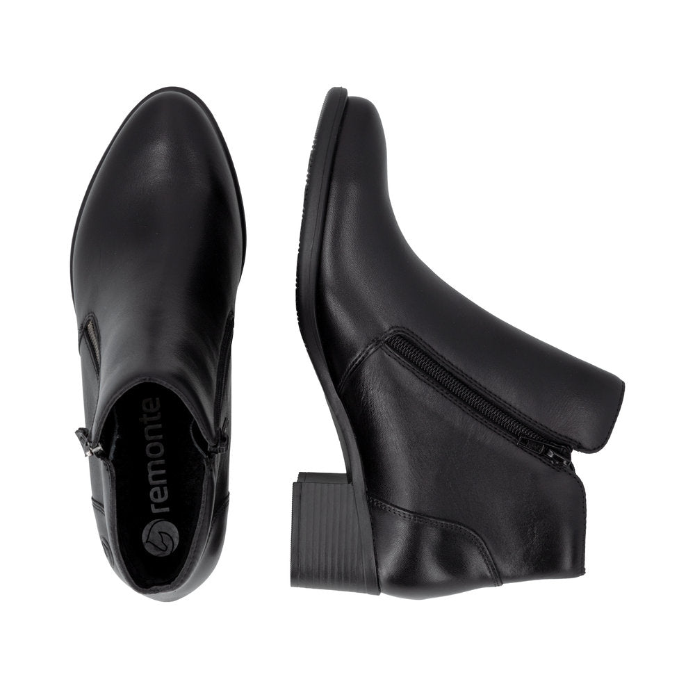 Remonte R5190-00 women's black leather side zip ankle boots, two-angle product view.