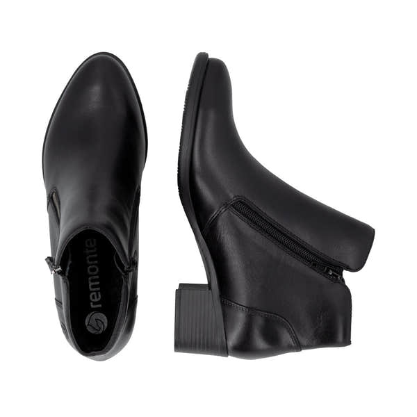 Remonte R5190-00 women's black leather side zip ankle boots, two-angle product view.