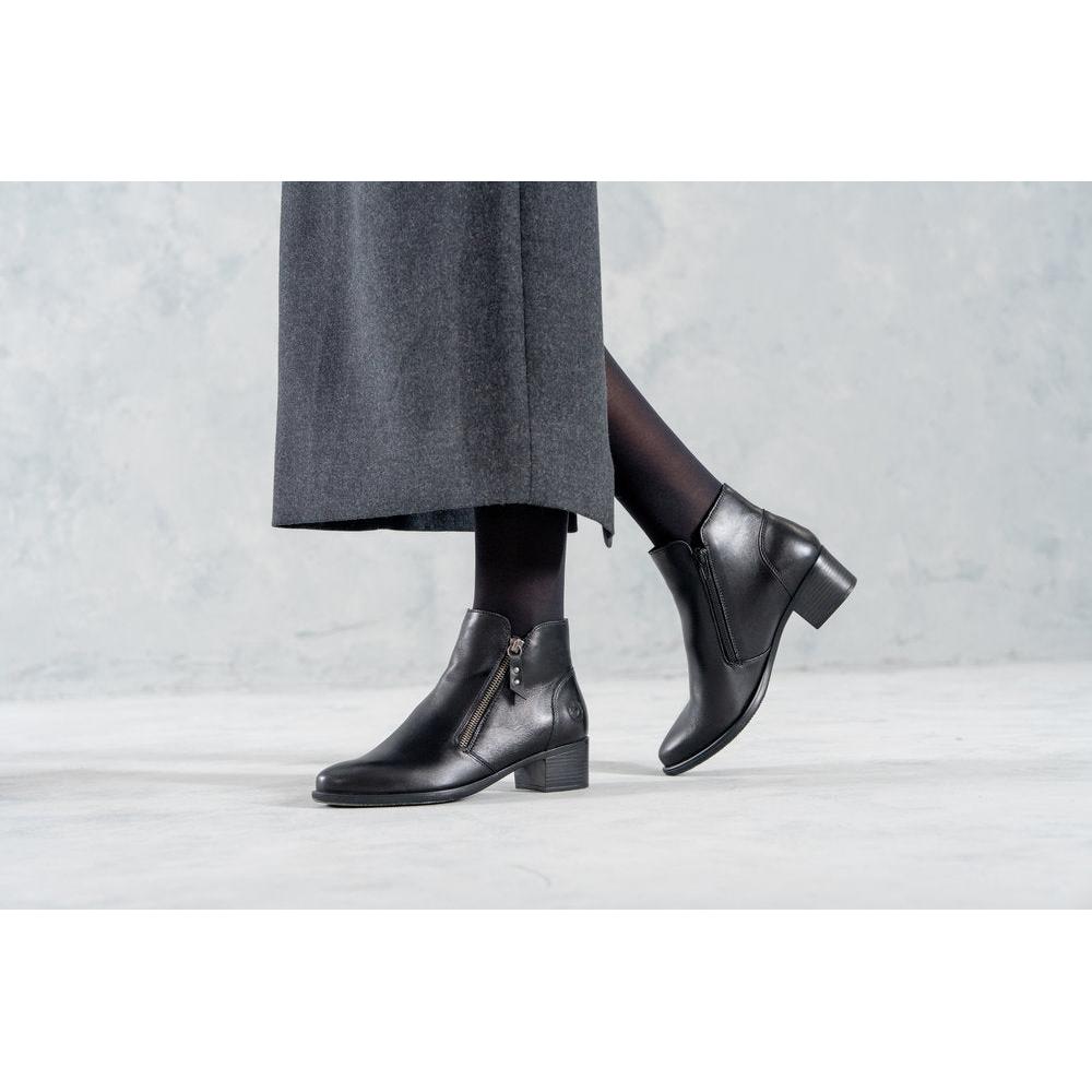 Remonte R5190-00 women's black leather side zip ankle boots, lifestyle view 7 of 8.