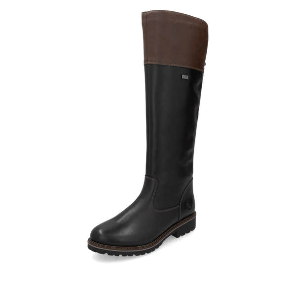 Remonte R6581-02 women's wide black leather water resistant side zip knee high boots, front three-quarter view.