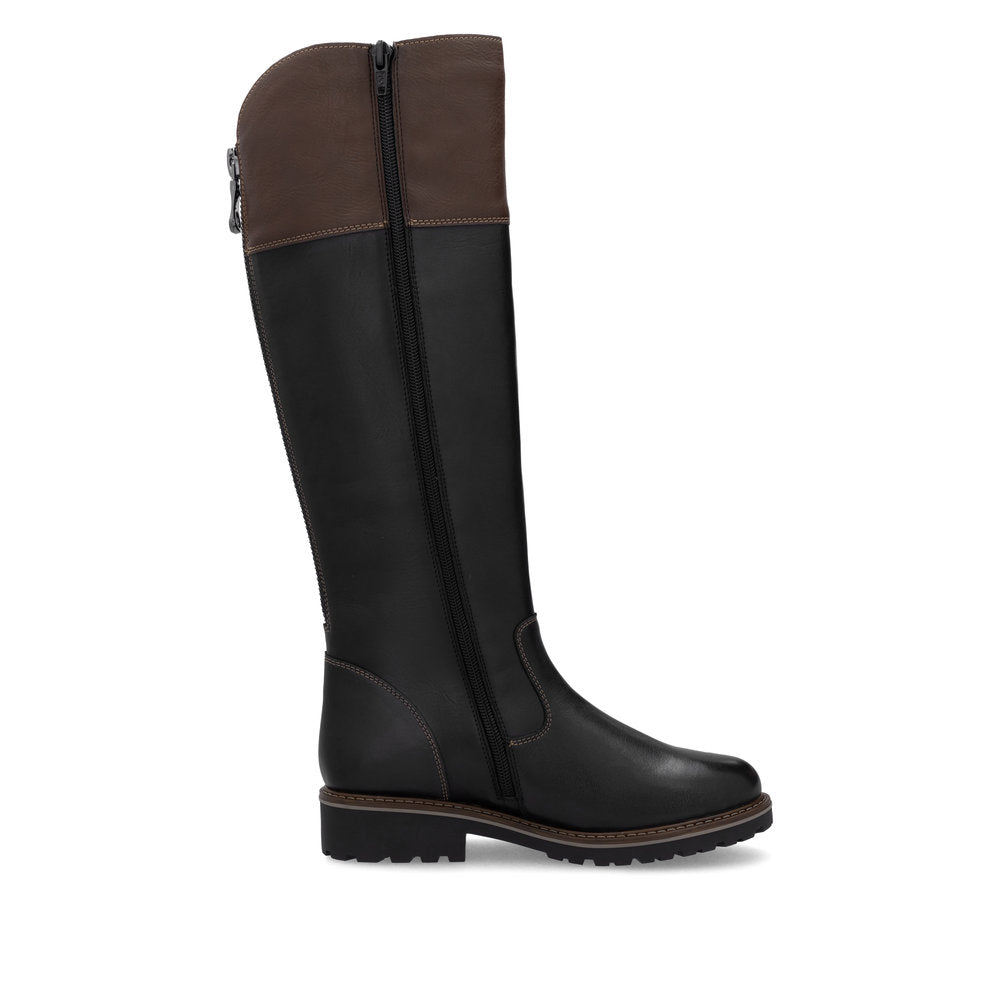 Remonte R6581-02 women's wide black leather water resistant side zip knee high boots, outer side view.