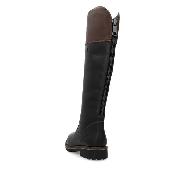 Remonte R6581-02 women's wide black leather water resistant side zip knee high boots, rear three-quarter view.