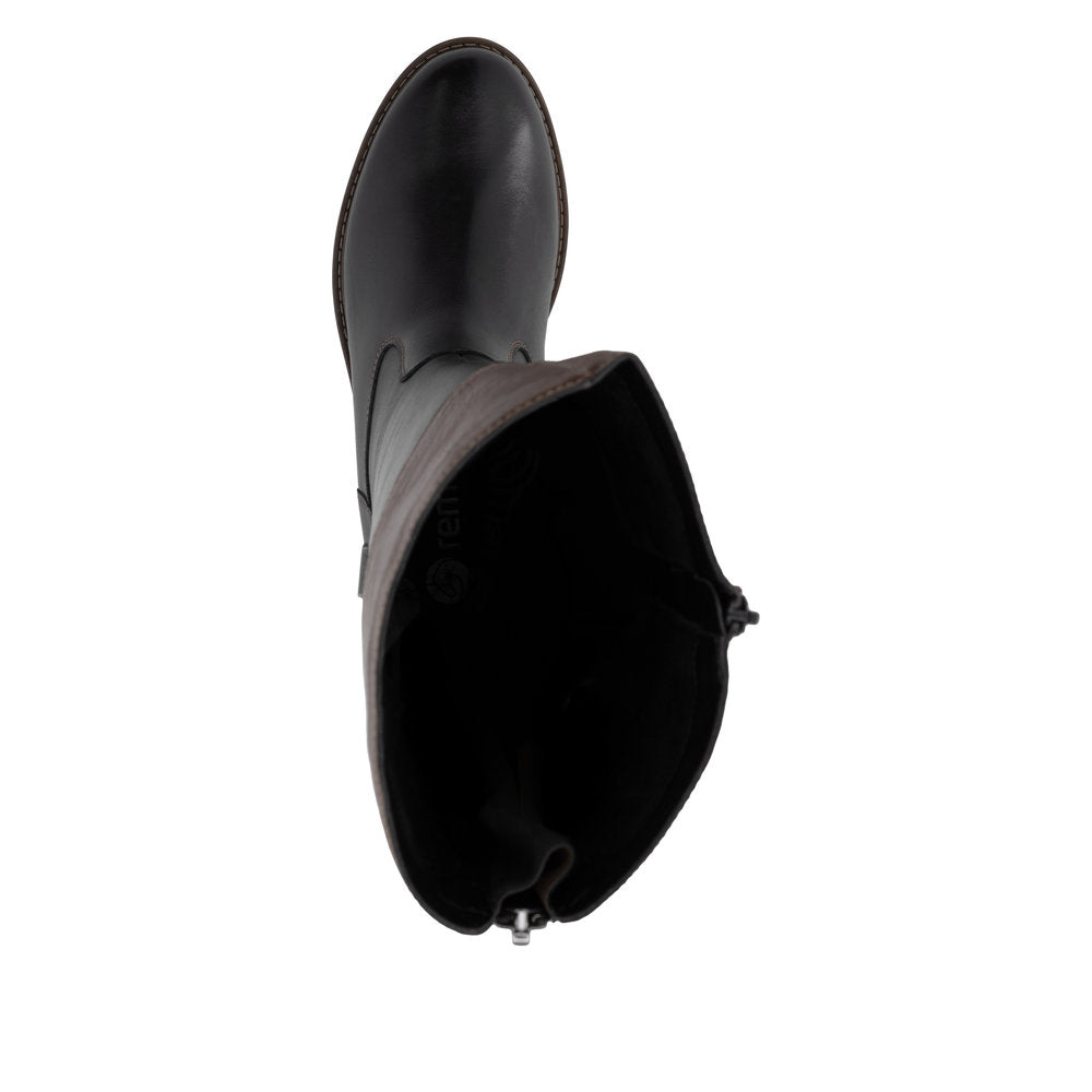Remonte R6581-02 women's wide black leather water resistant side zip knee high boots, top view.