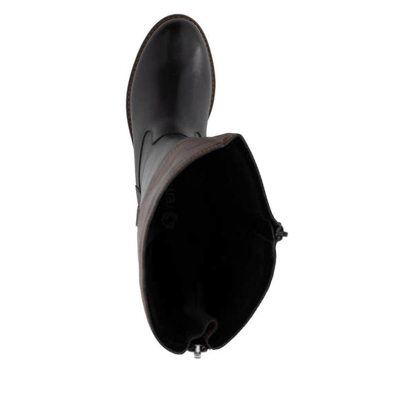 Remonte R6581-02 women's wide black leather water resistant side zip knee high boots, top view.