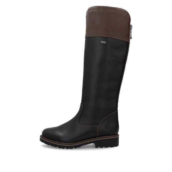 Remonte R6581-02 women's wide black leather water resistant side zip knee high boots, inner side view.