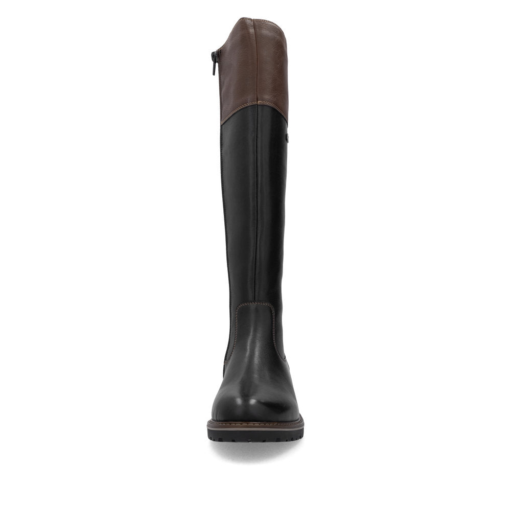 Remonte R6581-02 women's wide black leather water resistant side zip knee high boots, front view.
