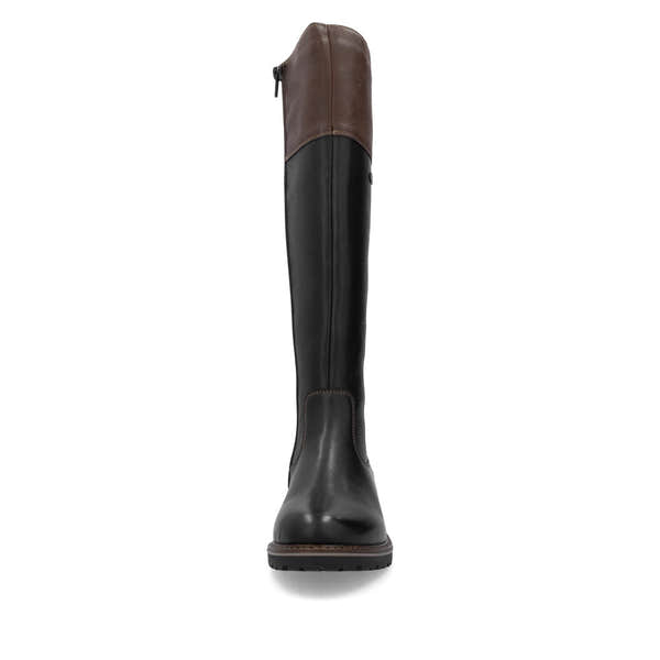 Remonte R6581-02 women's wide black leather water resistant side zip knee high boots, front view.