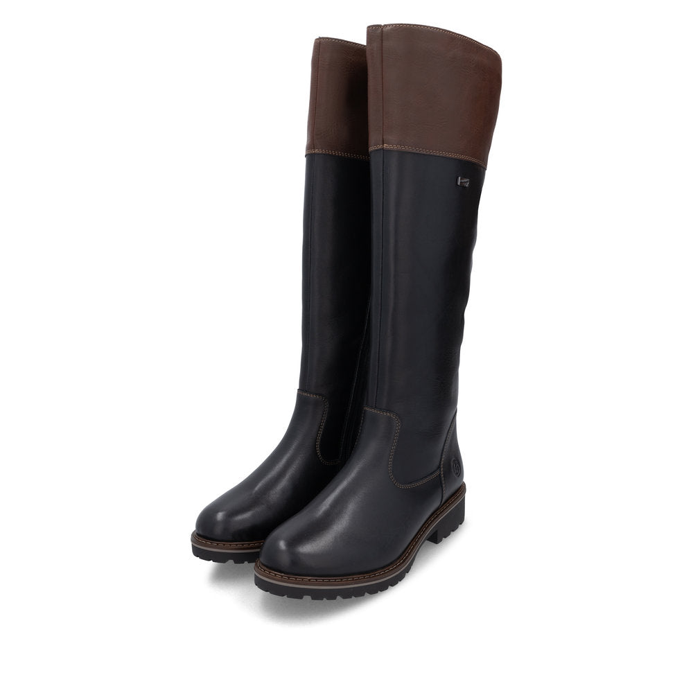 Remonte R6581-02 women's wide black leather water resistant side zip knee high boots, paired three-quarter view.