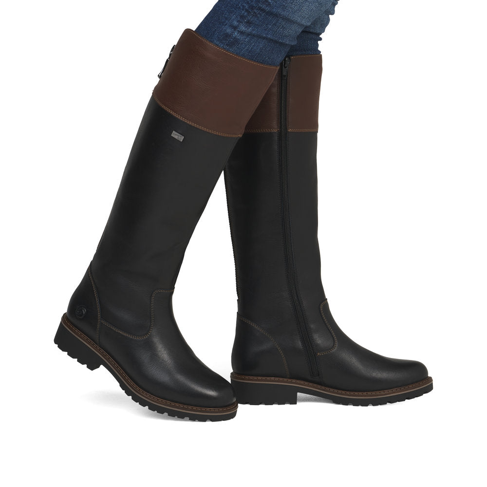 Remonte R6581-02 women's wide black leather water resistant side zip knee high boots, on-foot lifestyle view.