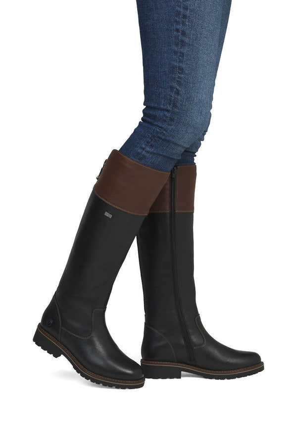 Remonte R6581-02 women's wide black leather water resistant side zip knee high boots, on-foot lifestyle view.