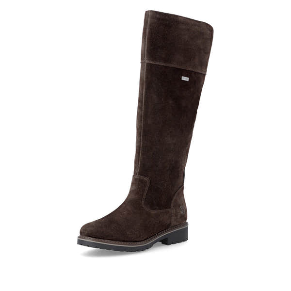 Remonte R6581-25 women's wide brown leather water resistant side zip long boots, front three-quarter view.