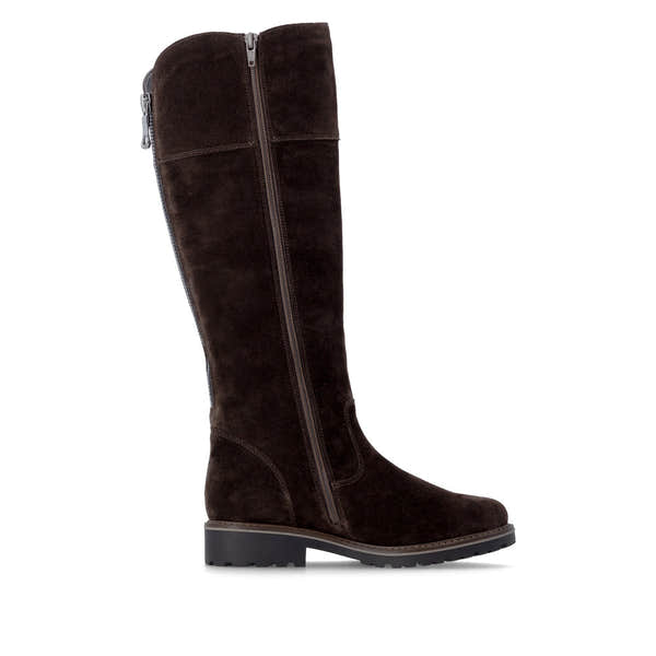 Remonte R6581-25 women's wide brown leather water resistant side zip long boots, outer side view.
