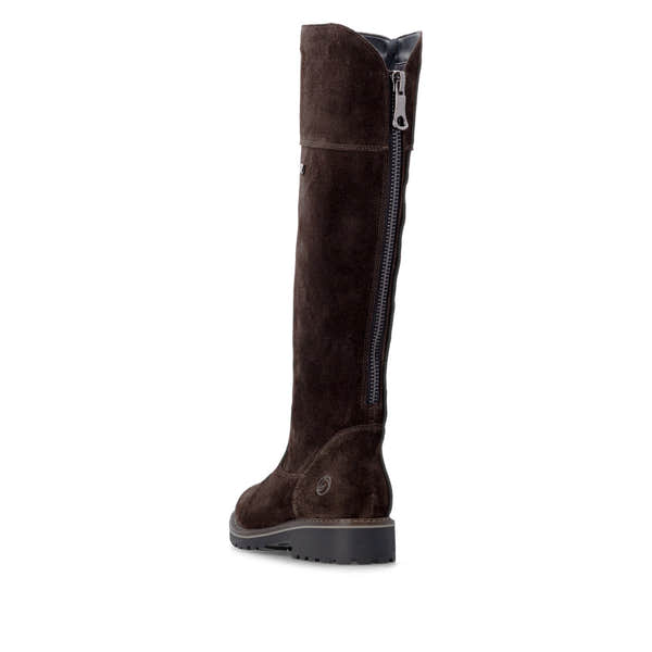 Remonte R6581-25 women's wide brown leather water resistant side zip long boots, rear three-quarter view.