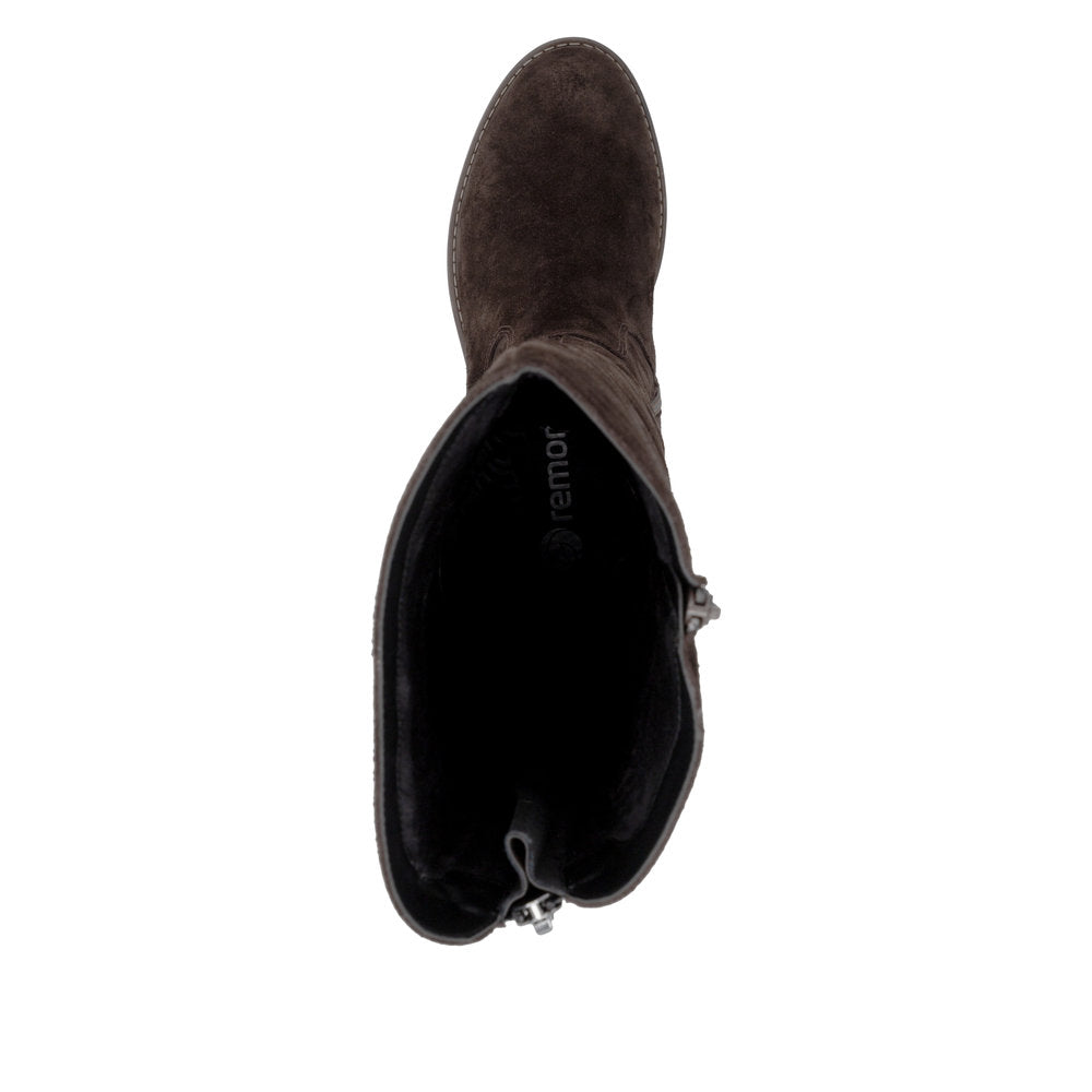 Remonte R6581-25 women's wide brown leather water resistant side zip long boots, top view.