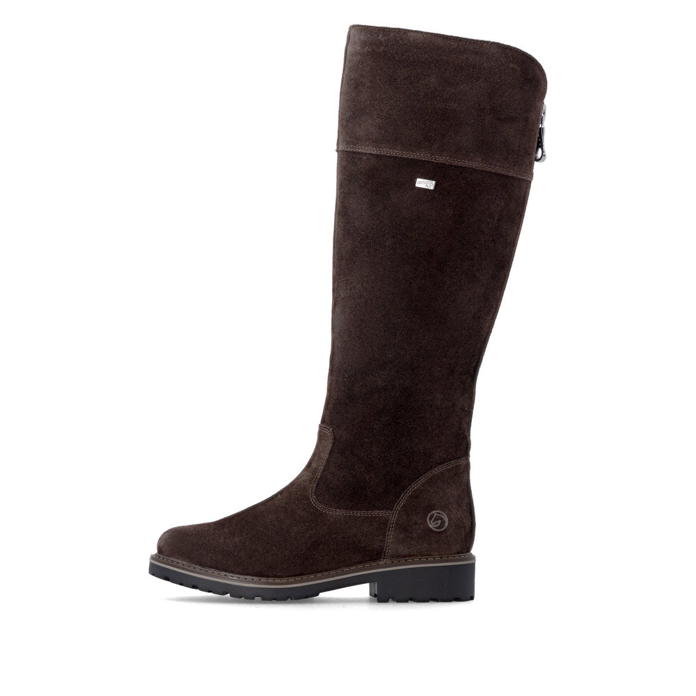 Remonte R6581-25 women's wide brown leather water resistant side zip long boots, inner side view.