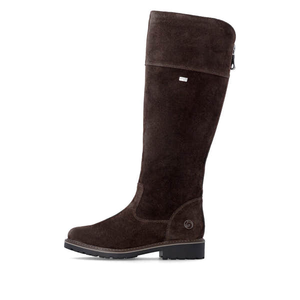 Remonte R6581-25 women's wide brown leather water resistant side zip long boots, inner side view.