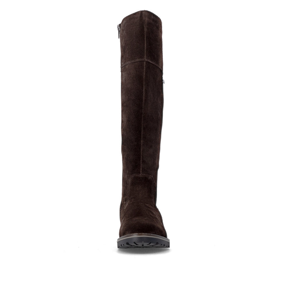 Remonte R6581-25 women's wide brown leather water resistant side zip long boots, front view.