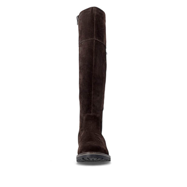 Remonte R6581-25 women's wide brown leather water resistant side zip long boots, front view.