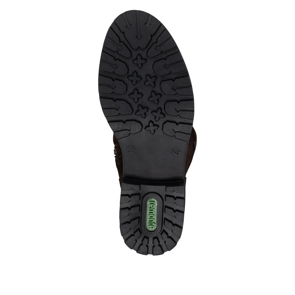Remonte R6581-25 women's wide brown leather water resistant side zip long boots, sole and tread view.