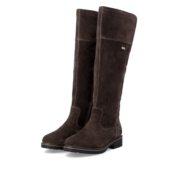 Remonte R6581-25 women's wide brown leather water resistant side zip long boots, paired three-quarter view.