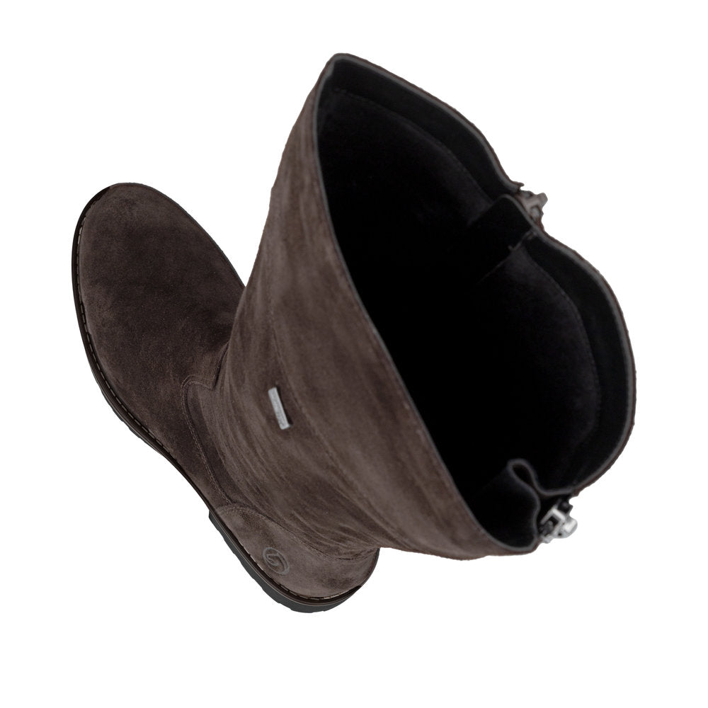 Remonte R6581-25 women's wide brown leather water resistant side zip long boots, two-angle product view.