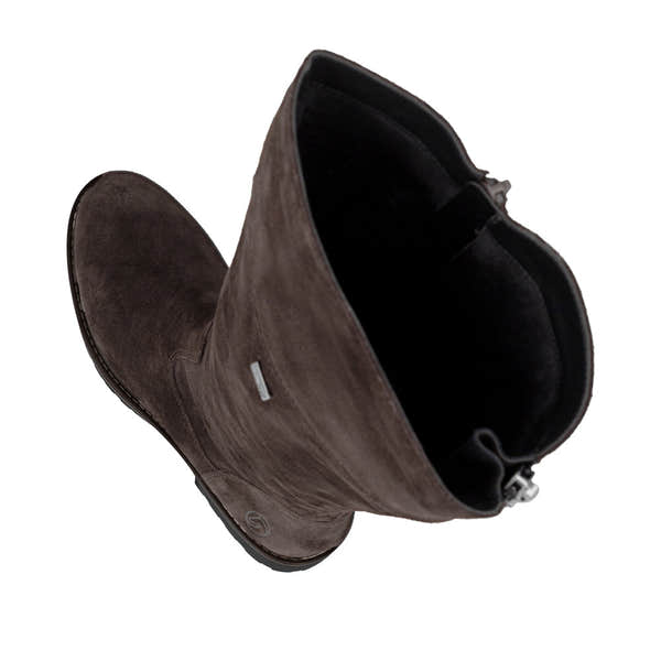 Remonte R6581-25 women's wide brown leather water resistant side zip long boots, two-angle product view.