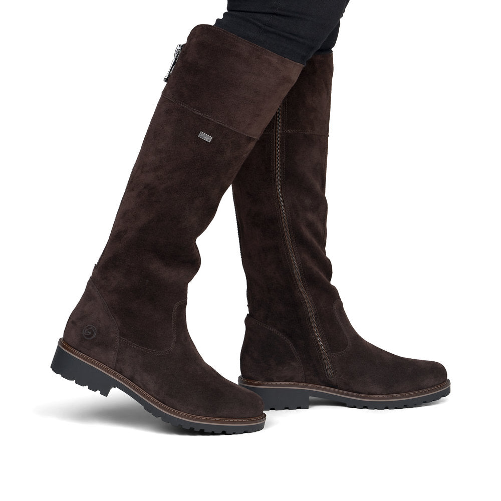 Remonte R6581-25 women's wide brown leather water resistant side zip long boots, on-foot lifestyle view.