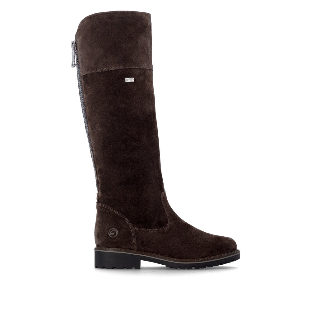 Remonte R6581-25 women's wide brown leather water resistant side zip long boots, opposite side view.