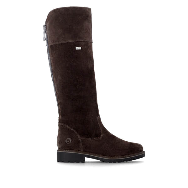 Remonte R6581-25 women's wide brown leather water resistant side zip long boots, opposite side view.