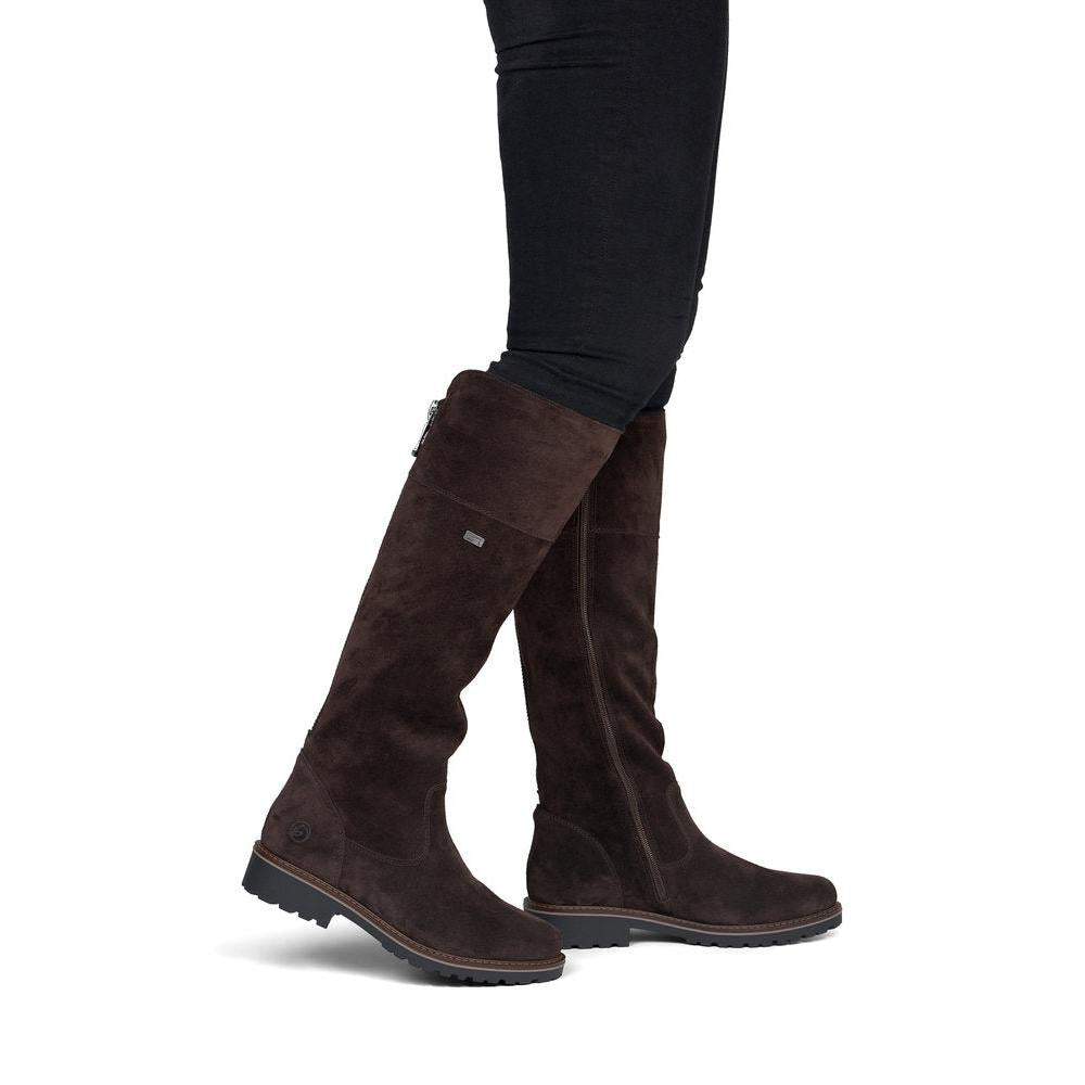 Remonte R6581-25 women's wide brown leather water resistant side zip long boots, on-foot lifestyle view.