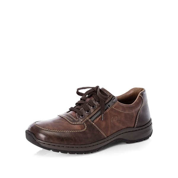 Rieker 03329-25 men's brown lace and zip shoes, front three-quarter view.
