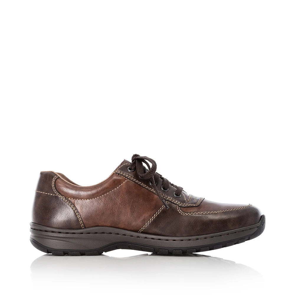 Rieker 03329-25 men's brown lace and zip shoes, outer side view.