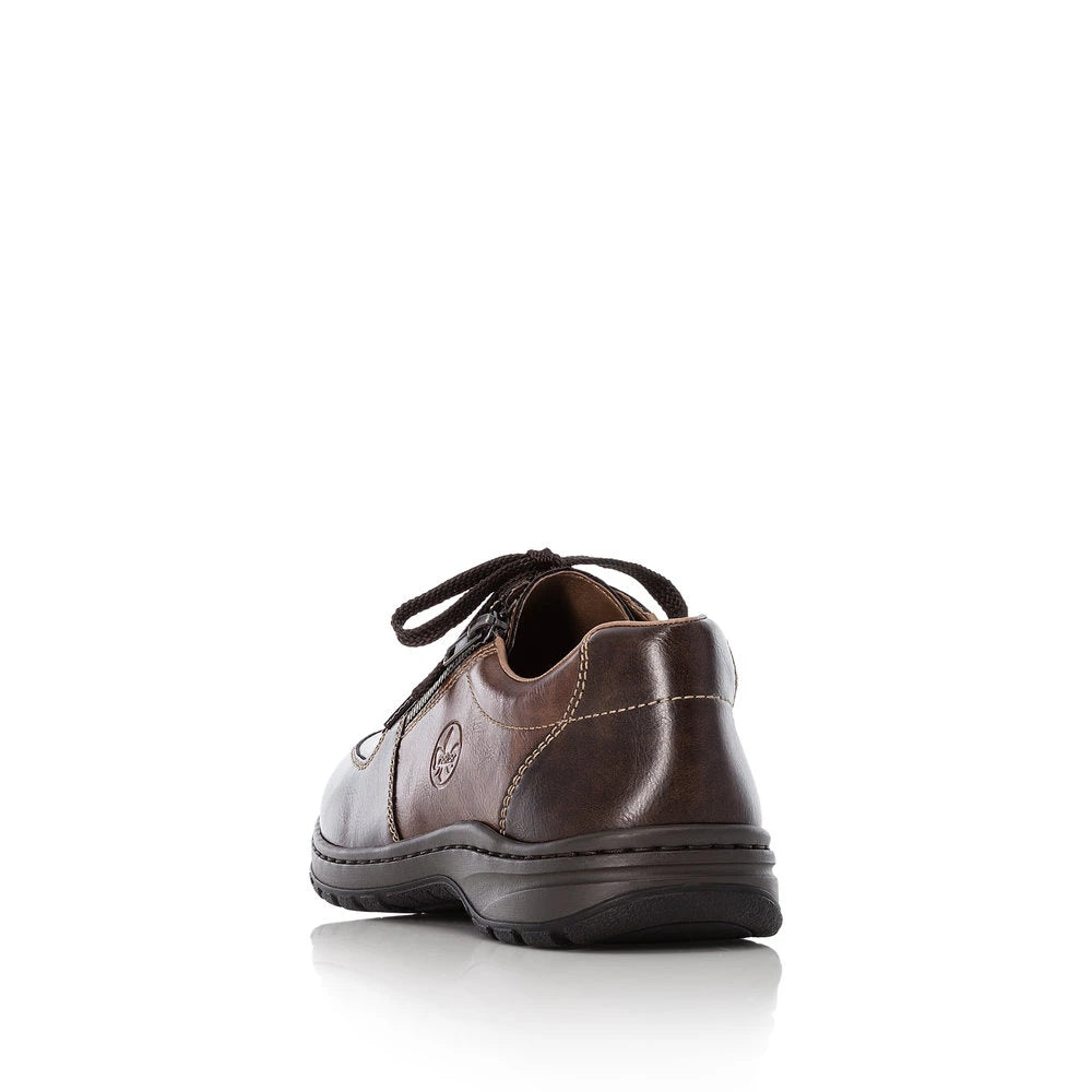 Rieker 03329-25 men's brown lace and zip shoes, rear three-quarter view.