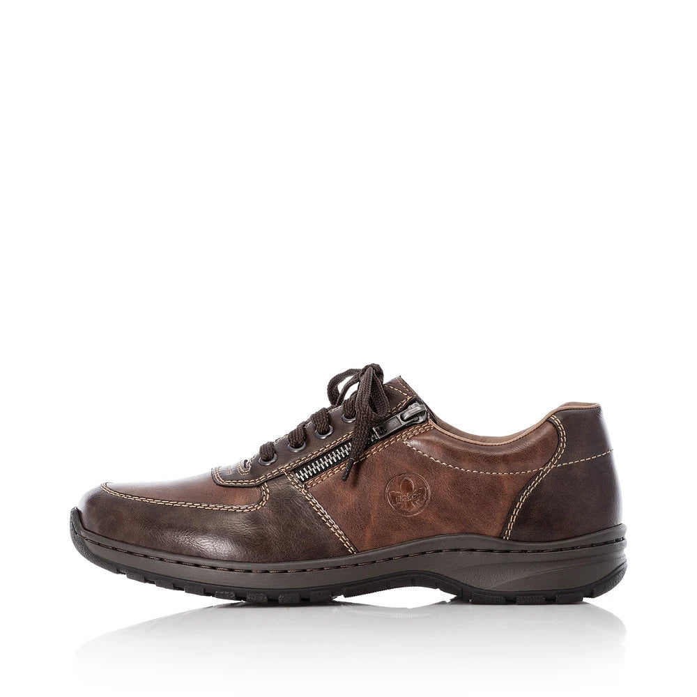 Rieker 03329-25 men's brown lace and zip shoes, inner side view.