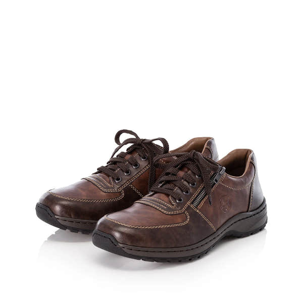 Rieker 03329-25 men's brown lace and zip shoes, paired three-quarter view.