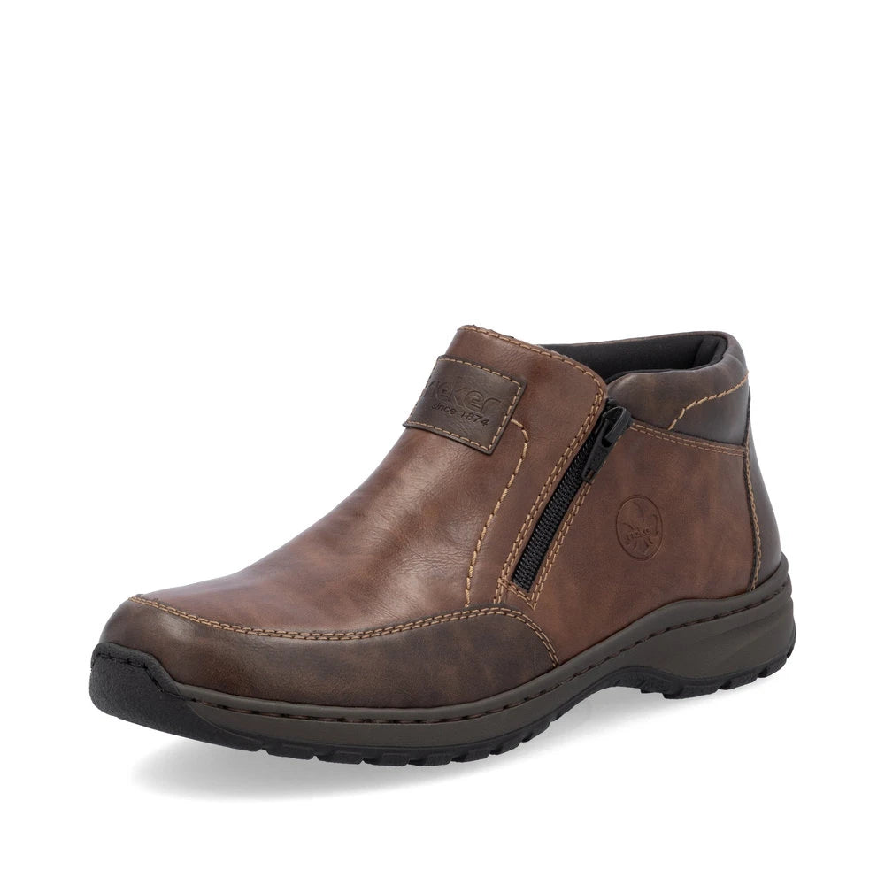 Rieker 03352-24 men's brown leather twin zip ankle boots, front three-quarter view.