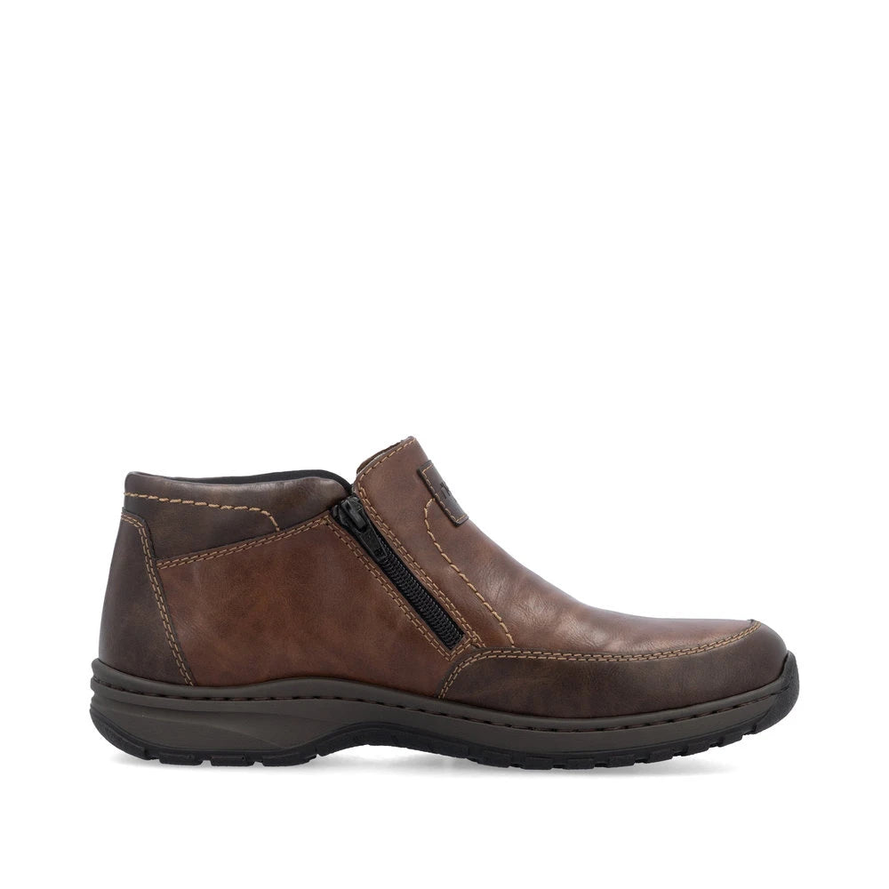 Rieker 03352-24 men's brown leather twin zip ankle boots, outer side view.