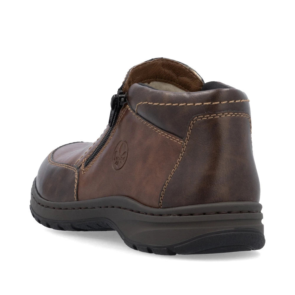 Rieker 03352-24 men's brown leather twin zip ankle boots, rear three-quarter view.
