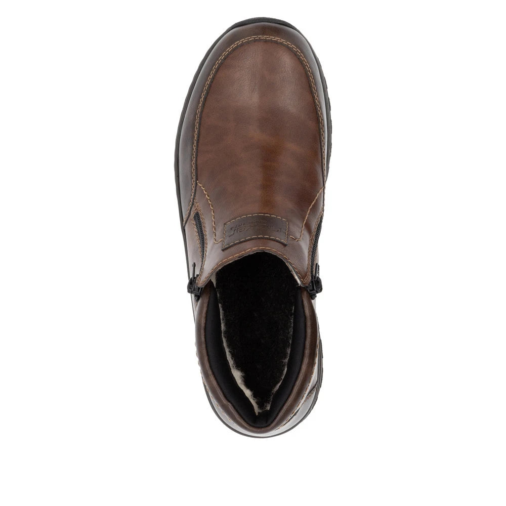 Rieker 03352-24 men's brown leather twin zip ankle boots, top view.