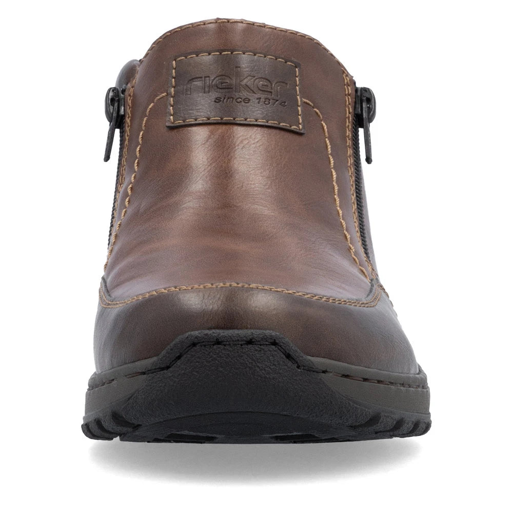 Rieker 03352-24 men's brown leather twin zip ankle boots, front view.