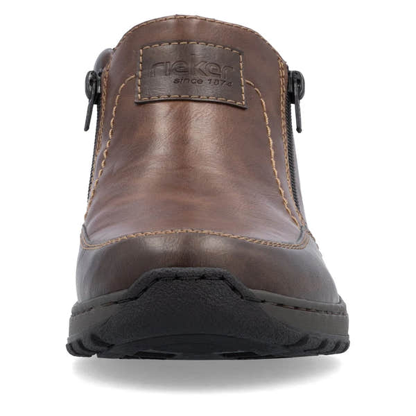 Rieker 03352-24 men's brown leather twin zip ankle boots, front view.