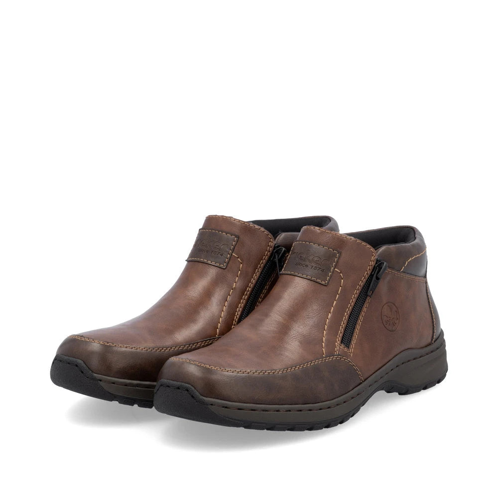 Rieker 03352-24 men's brown leather twin zip ankle boots, paired three-quarter view.