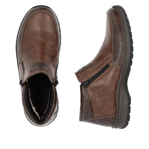 Rieker 03352-24 men's brown leather twin zip ankle boots, two-angle product view.