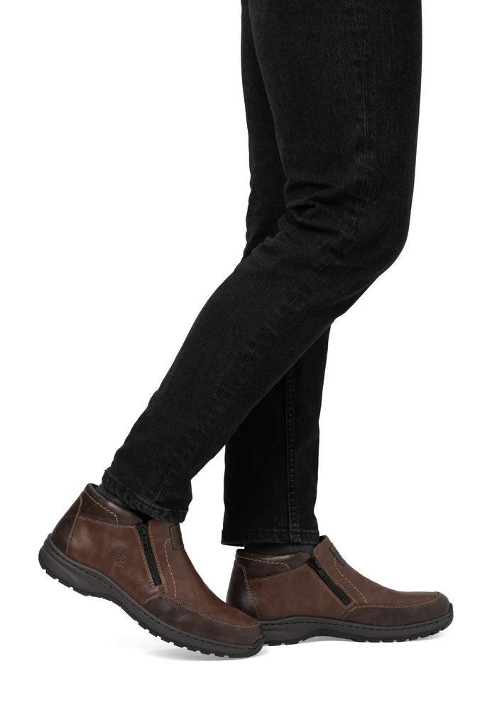 Rieker 03352-24 men's brown leather twin zip ankle boots, on-foot lifestyle view.