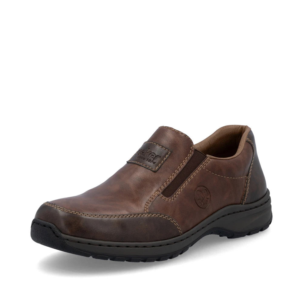 Rieker 03354-26 men's brown leather slip on shoes, front three-quarter view.