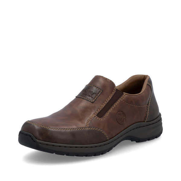 Rieker 03354-26 men's brown leather slip on shoes, front three-quarter view.
