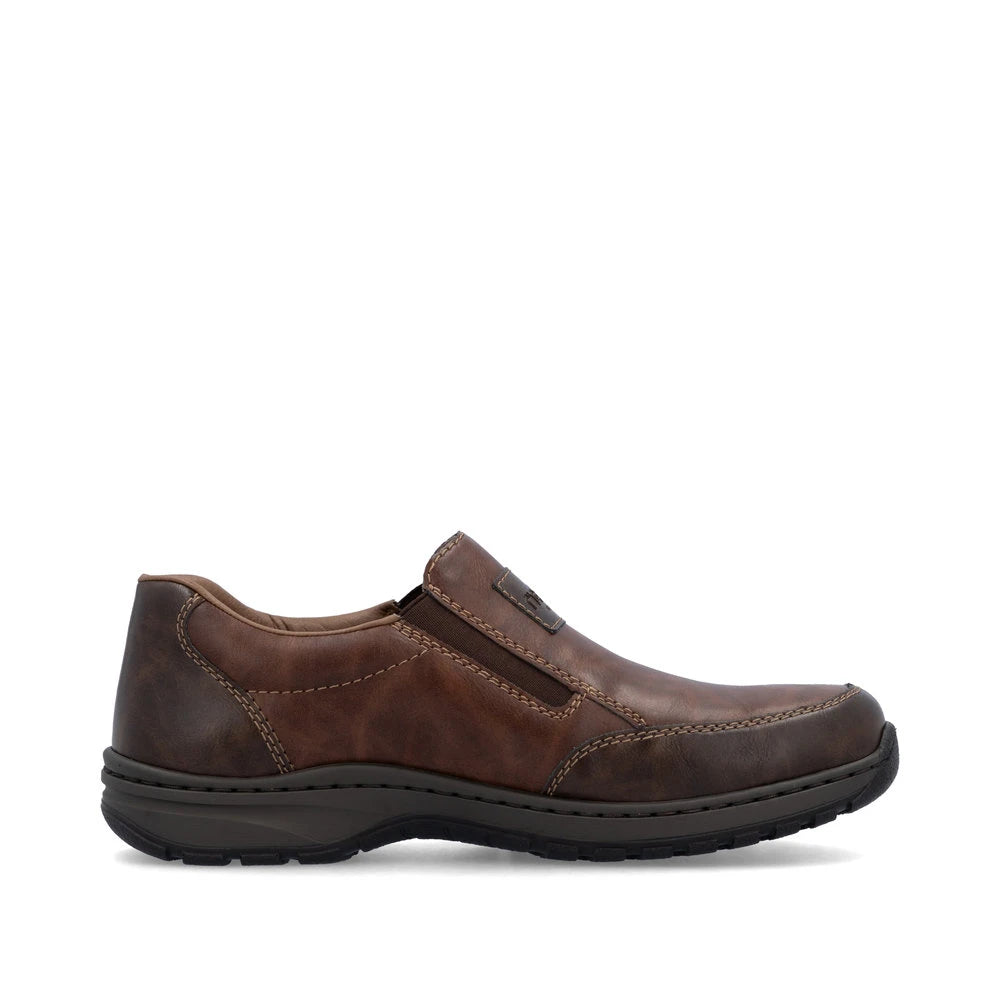 Rieker 03354-26 men's brown leather slip on shoes, outer side view.