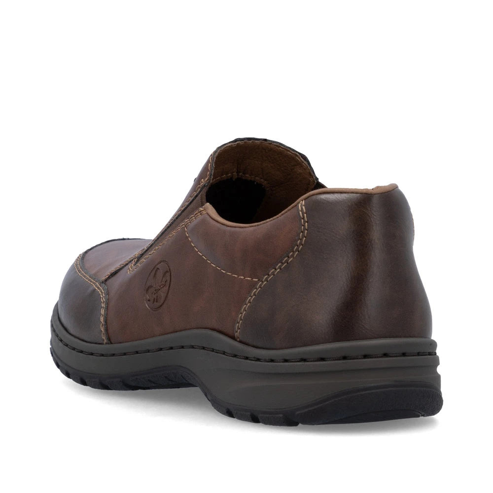 Rieker 03354-26 men's brown leather slip on shoes, rear three-quarter view.