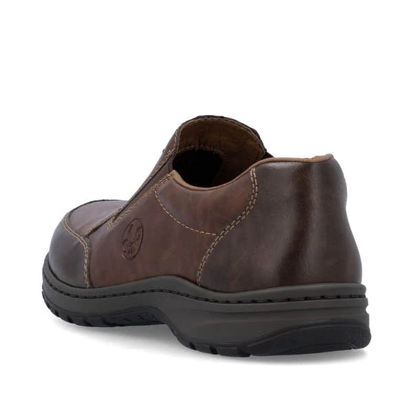 Rieker 03354-26 men's brown leather slip on shoes, rear three-quarter view.