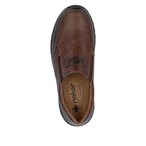 Rieker 03354-26 men's brown leather slip on shoes, top view.